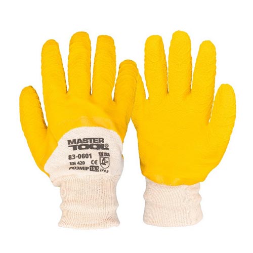 Робочі рукавички стекольщика Mastertool з облитою долонею жовті